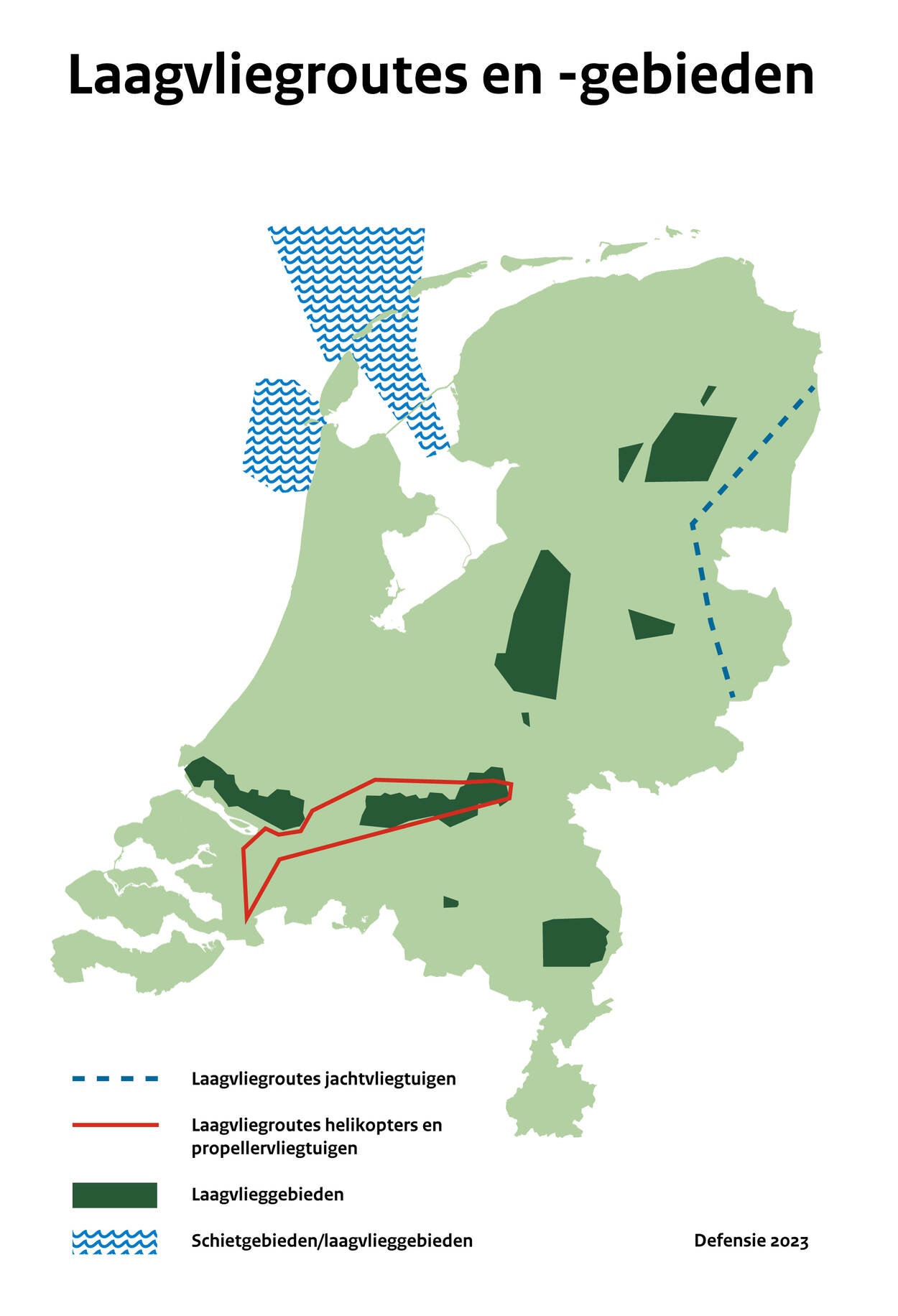 Kaart Nederland met laagvliegroutes en -gebieden. Informatie staat op de pagina Geluidhoeveelheid en vlieghoogten.