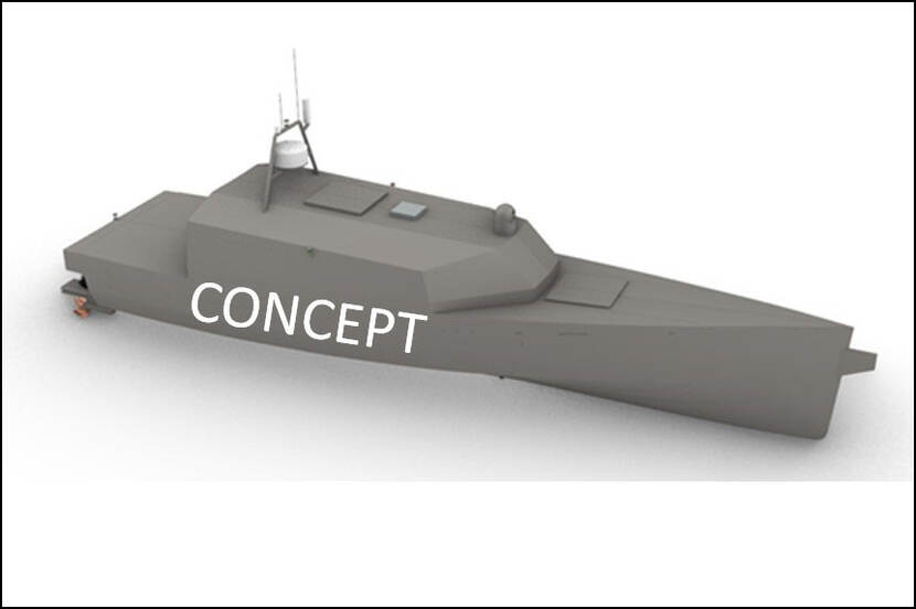 Lichtgrijze animate van unmanned surface vehicle. Met het woord 'concept' op de flank.