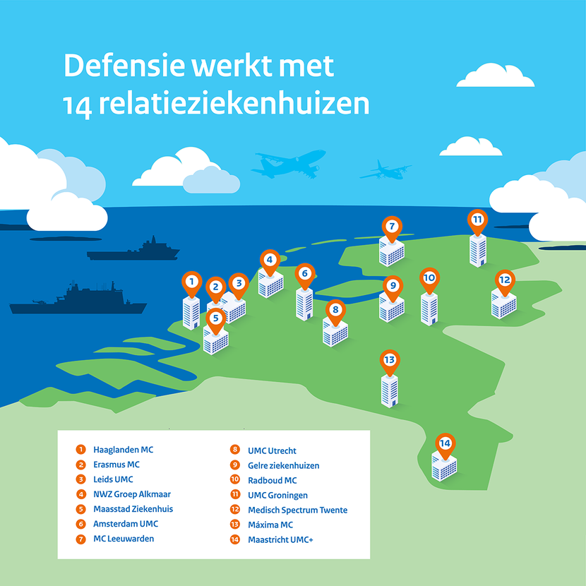 Infographic: overzicht van 14 relatieziekenhuizen in Nederland, waar Defensie mee samenwerkt.