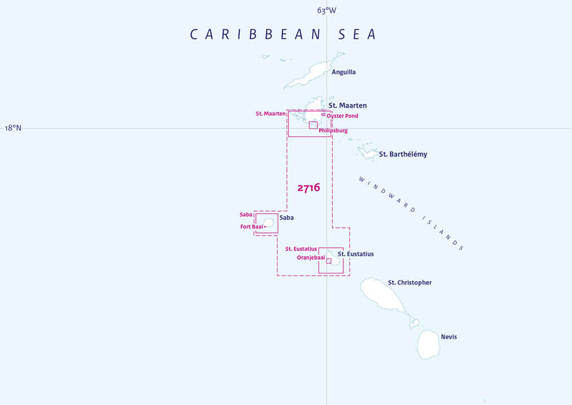 Zeekaart van Sint Maarten, Sint Eustatius en Saba.