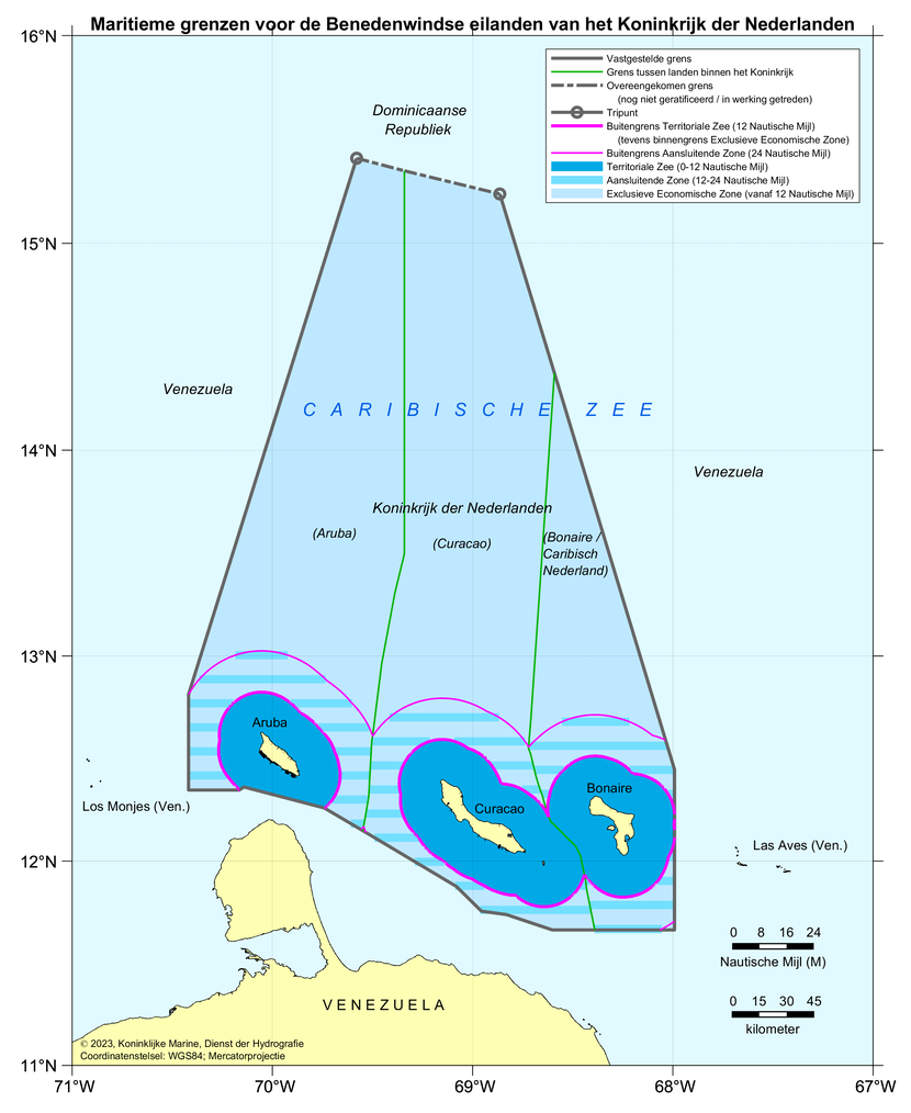 Kaart: zonegrenzen voor Aruba, Curaçao en Bonaire (benedenwindse Nederlandse Antillen). De inhoud van de kaart is te gebruiken door zeevarenden.