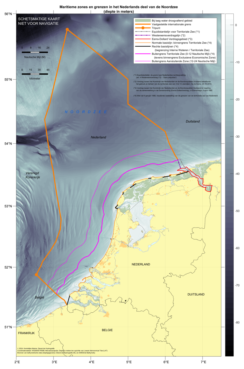 Kaart: zones in het Nederlands deel van de Noordzee (diepte).