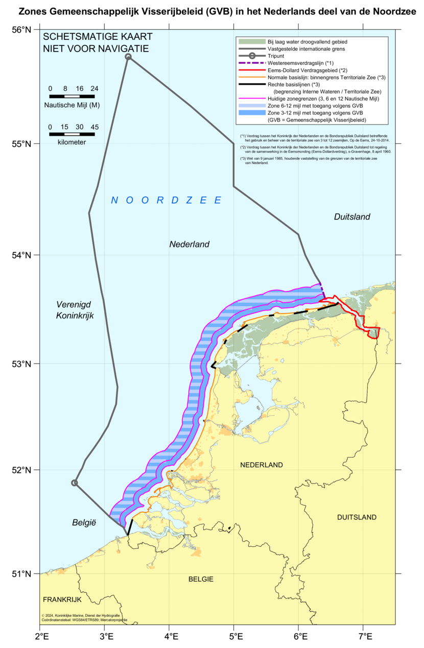 Kaart: zones volgens het Gemeenschappelijk Visserijbeleid in het Nederlands deel van de Noordzee.