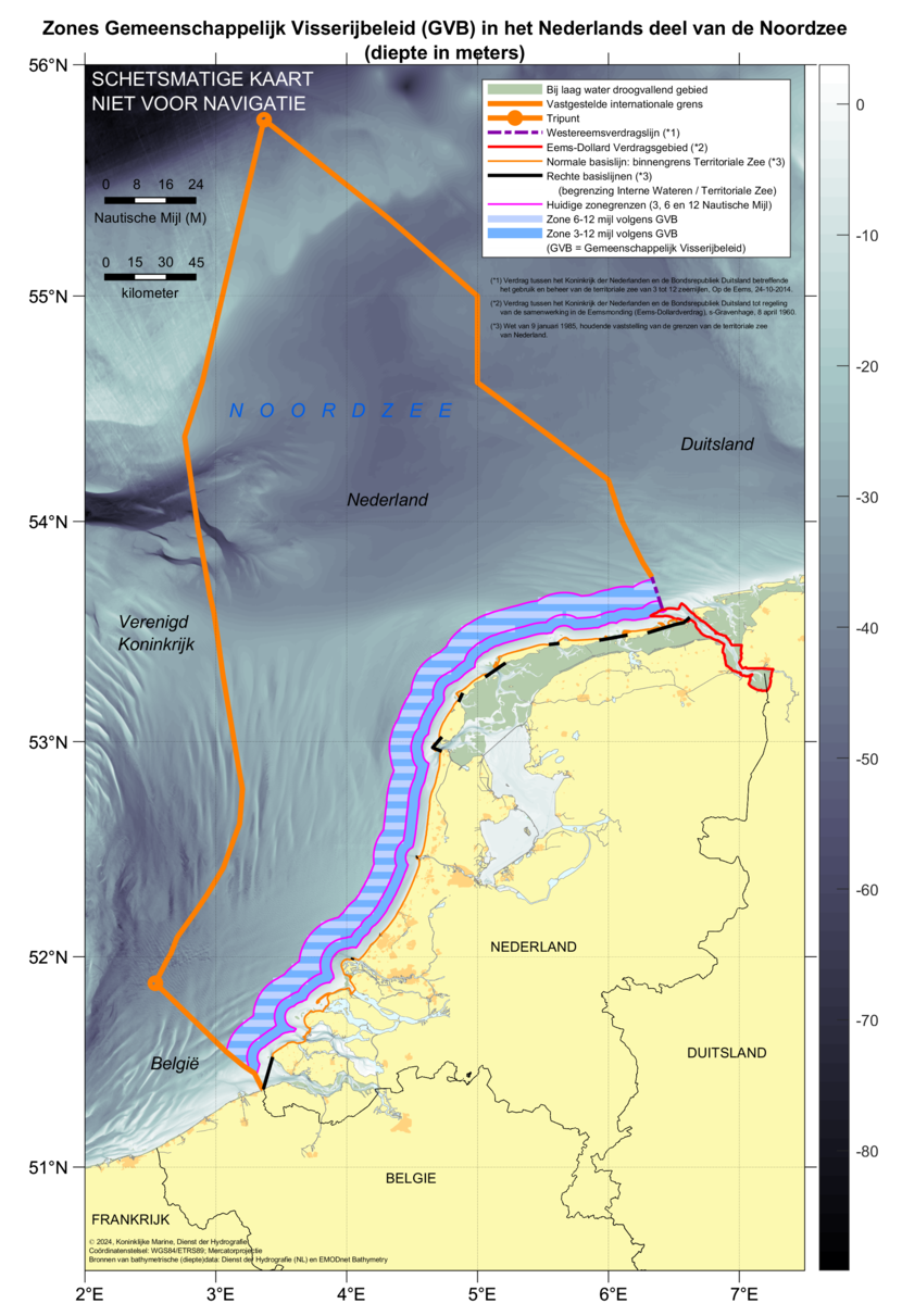 Kaart: zones volgens het Gemeenschappelijk Visserijbeleid in het Nederlands deel van de Noordzee (diepte).