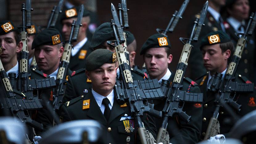 Militairen in ceremonieel tenue met een standaard C7-geweer met bajonet.