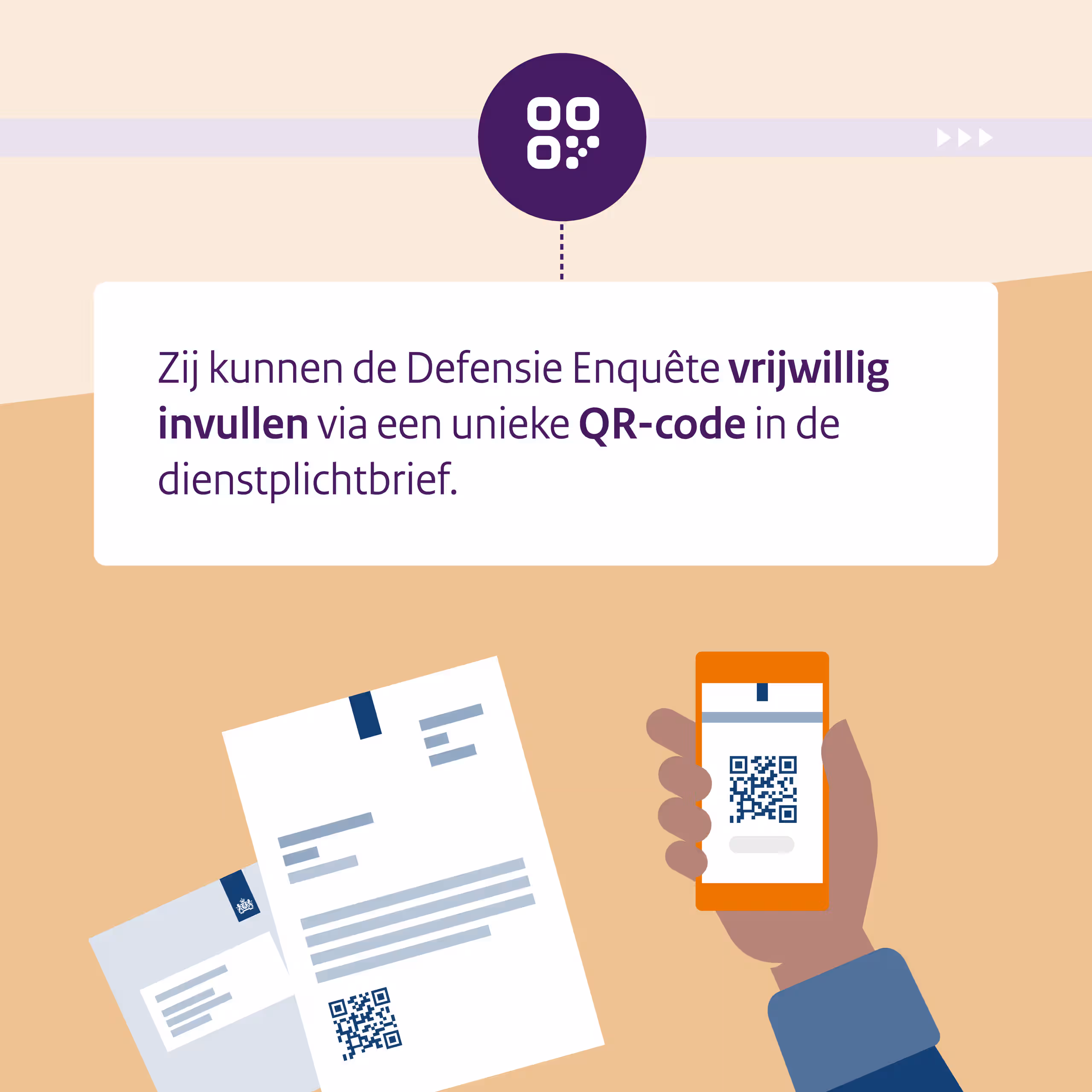 Animatie brief uit envelop en telefoon die qr-code scant.