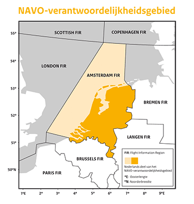 Kaartje Nederlands deel NAVO-verantwoordelijkheidsgebied. Informatie staat op de pagina Verdediging Nederlands luchtruim.