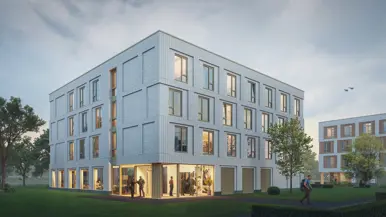 Artist impression van een nieuw legeringsgebouw. Op de andere foto vliegen vier F-35’s in formatie. 