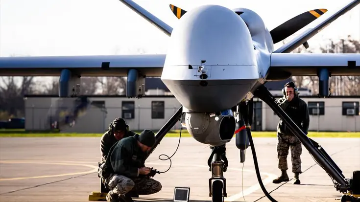 Een MQ-9 Reaper wordt gecontroleerd op een vliegveld.