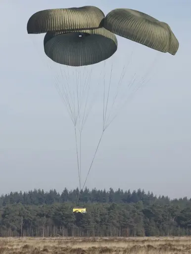 Een C-130 in de lucht met vlak achter het toestel een groot pakket met daaraan een horizontaal gespannen lijn met aan de andere kant een parachute.