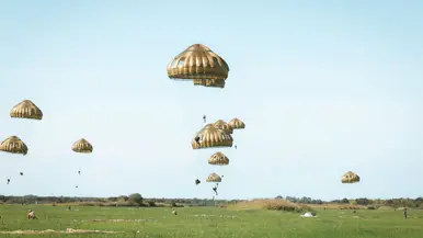 Boven een weids groen veld dalen parachutisten af onder gouden ronde parachutes, gelijkmatig verspreid tegen een helderblauwe lucht. Beneden staan enkele mensen.