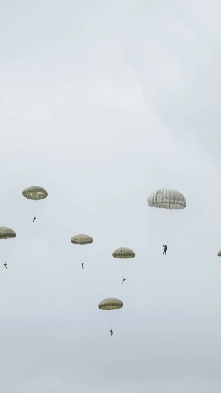 Para-chutisten dalen neer onder groene parachutes; op de achtergrond vliegt een grijs militair transportvliegtuig van links naar rechts onder een bewolkte, grijze lucht.