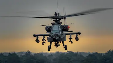 Een Apache vliegt boven een bos in de scherming.