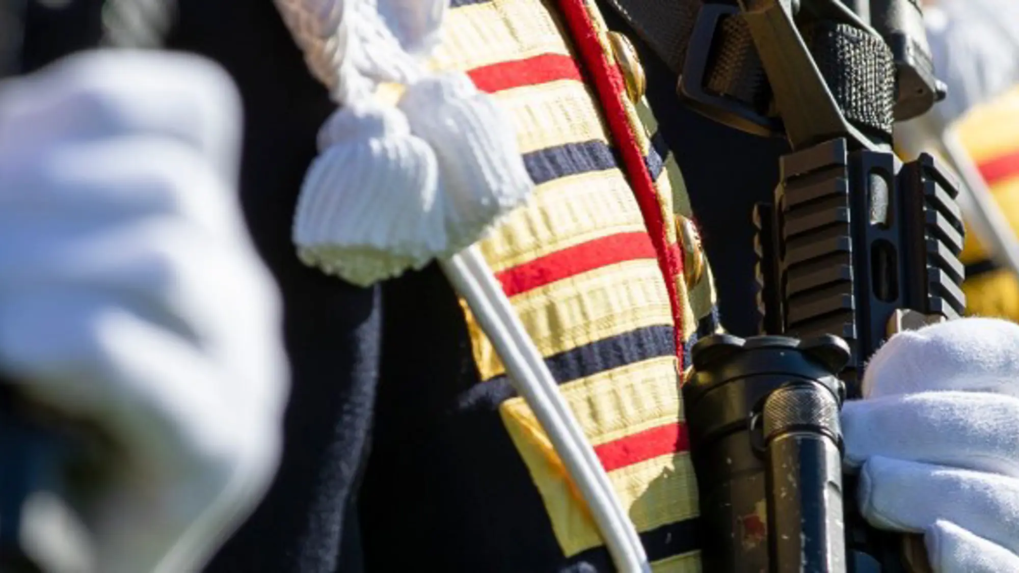 Close-up van militairen op een rij die ceremonieel tenue dragen met witte handschoenen terwijl ze een wapen vasthouden.