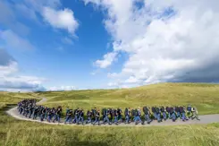 Grote groep militairen met bepakking marcheert door groen grasland.