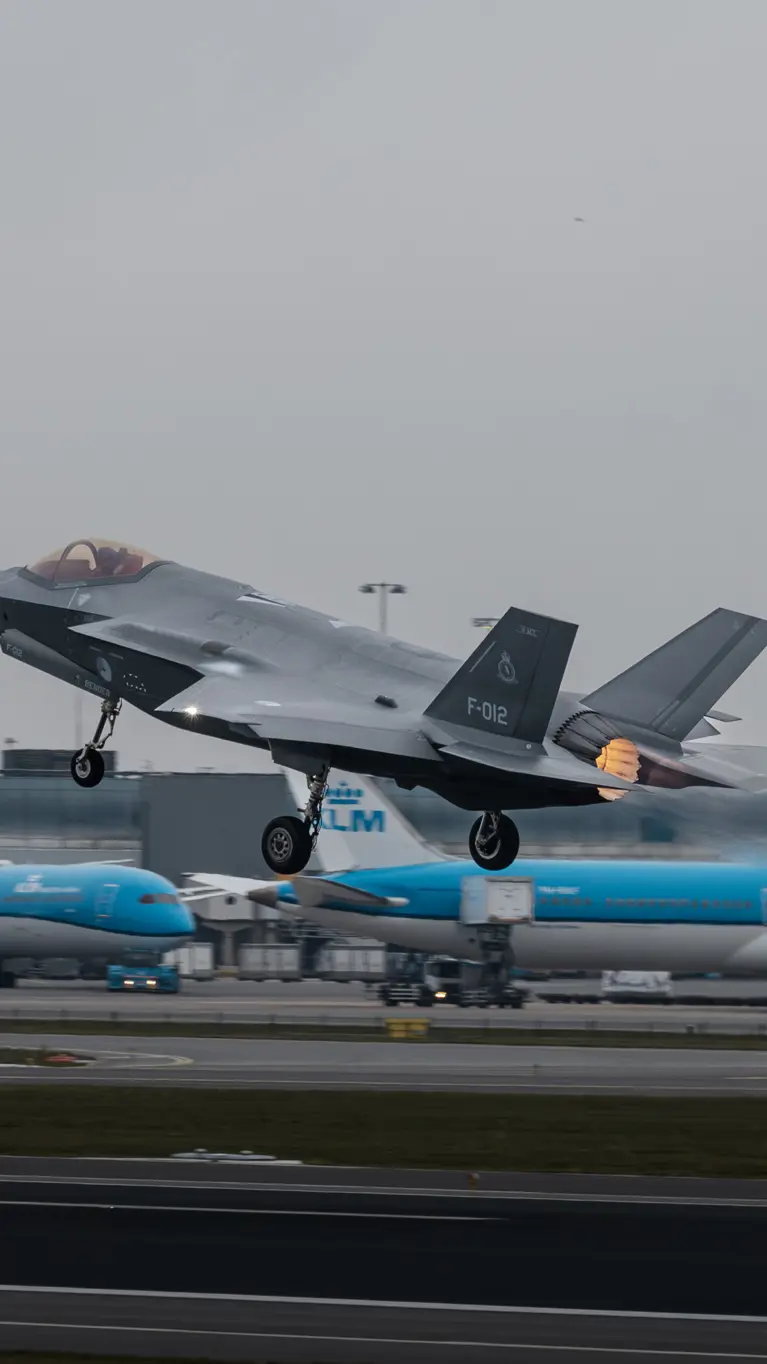 Een opstijgende F-35 op luchthaven Schiphol. Op de achtergrond zijn geparkeerde blauwe toestellen van KLM te zien.&nbsp;