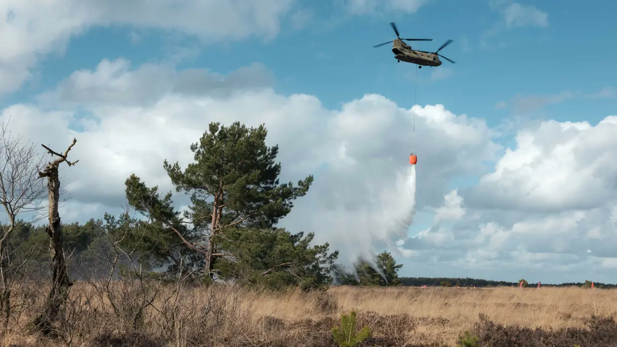 Een Chinook dropt een lading water boven een aantal verticale vlaggen. In de voorgrond zijn heide en bomen te zien.