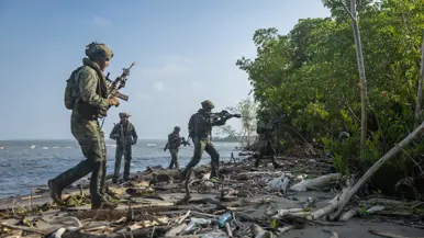 Een marinier loopt door het water, mariniers op het strand, mariniers verdekt opgesteld en een marinier roept bevelen.
