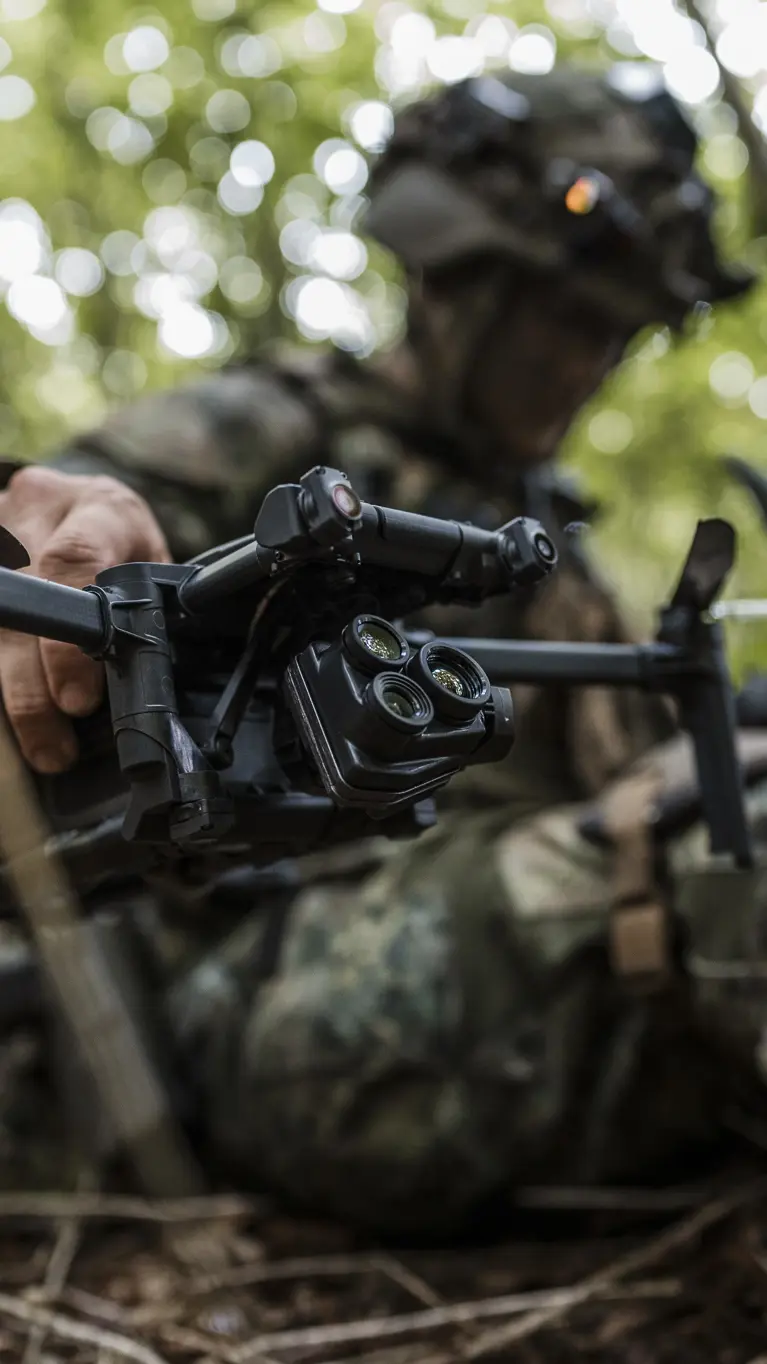 Een militair houdt zittend een drone in de hand en kijkt op z’n monitor.