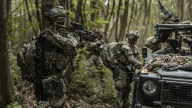 Een militair houdt een collega in de gaten die een voertuig inspecteert.