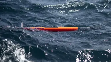 Een oranjekleurige torpedo drijft op het golvende zeewater. 