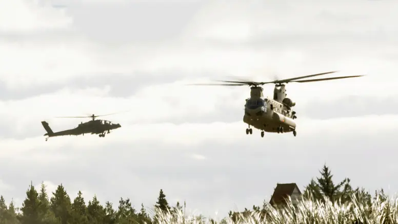Twee Apaches vliegen in formatie, afgetekend als silhouetten tegen een bewolkte lucht; op de voorgrond hoog gras.