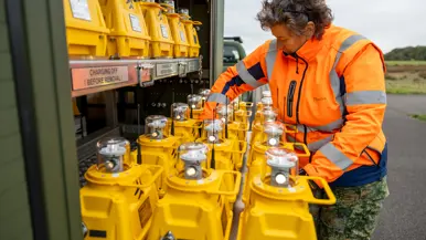 Een vrouw in oranje jas haalt een lamp met een gele onderkant uit een groene aanhangwagen.