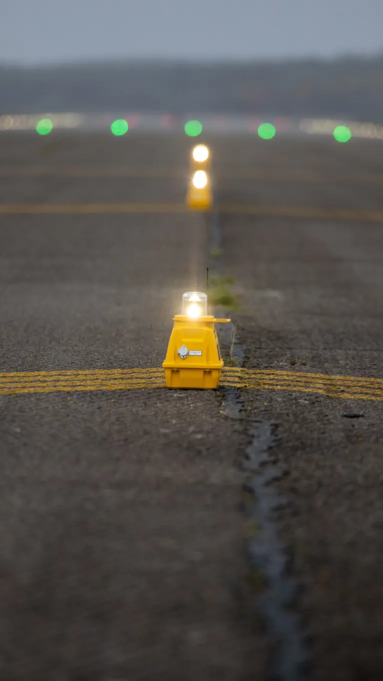 Een lamp met een gele onderkant op een landingsbaan. Erachter staan op het asfalt nog meerdere grote lampen opgesteld.&nbsp;