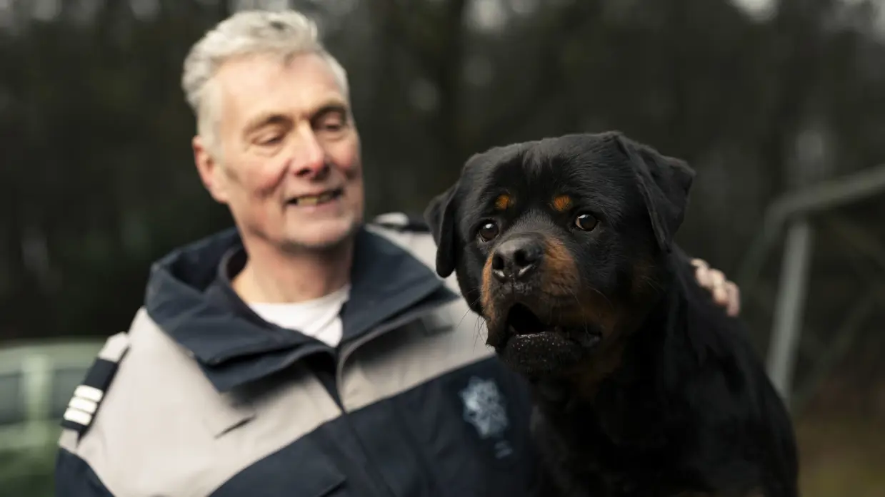 Links een man in uniform. Hij omarmt een grote zwart-bruine hond met opgetrokken oren. Achtergrond toont een bosrijke omgeving met een metalen hek. Rechts een glimlachende man in uniform staat naast een zwarte Rottweiler met open bek. Bosrijke omgeving op de achtergrond, met een ontspannen en vriendelijke sfeer. 