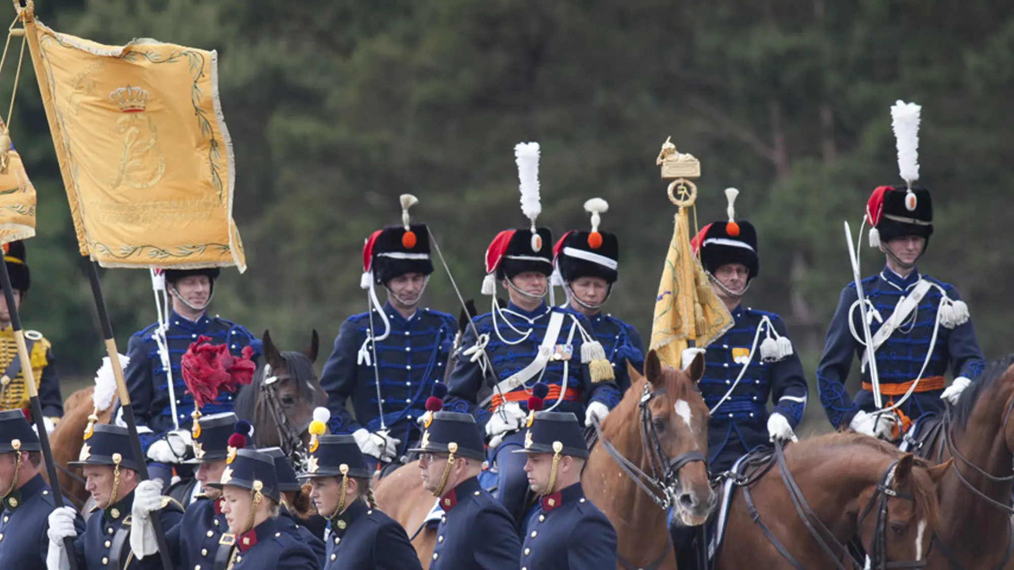 Militairen in ceremonieel tenue op paarden.