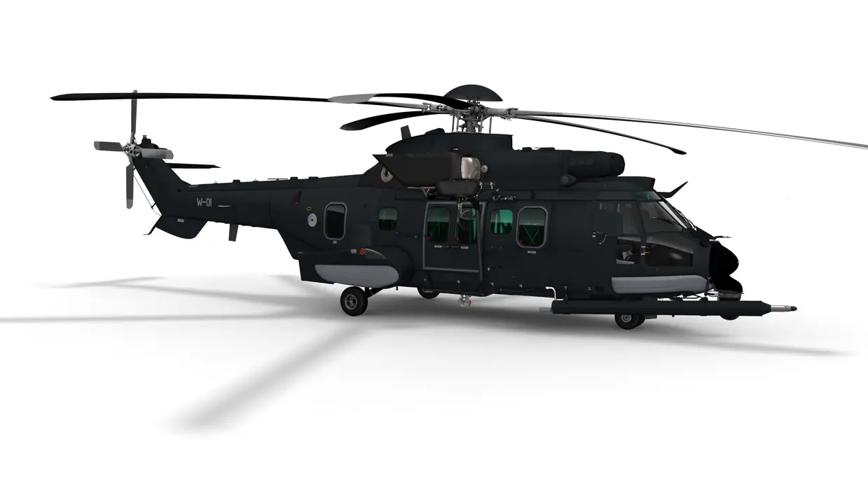 Een visuele weergave van de donkergrijze helikopter. 