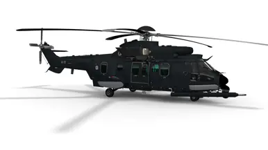 Een visuele weergave van de donkergrijze helikopter. 