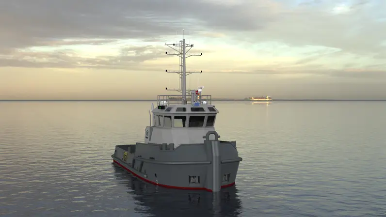 Animatie van voorkant marine sleepboot in stil water. 