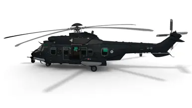 Een visuele weergave van de donkergrijze helikopter. 