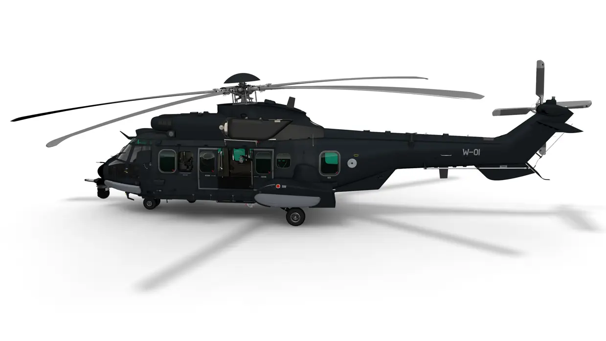 Een visuele weergave van de donkergrijze helikopter. 