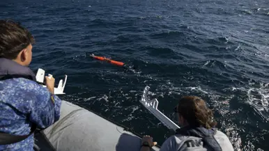 Twee personen kijken vanuit een motorbootje toe hoe een oranjekleurige torpedo in het water verdwijnt.