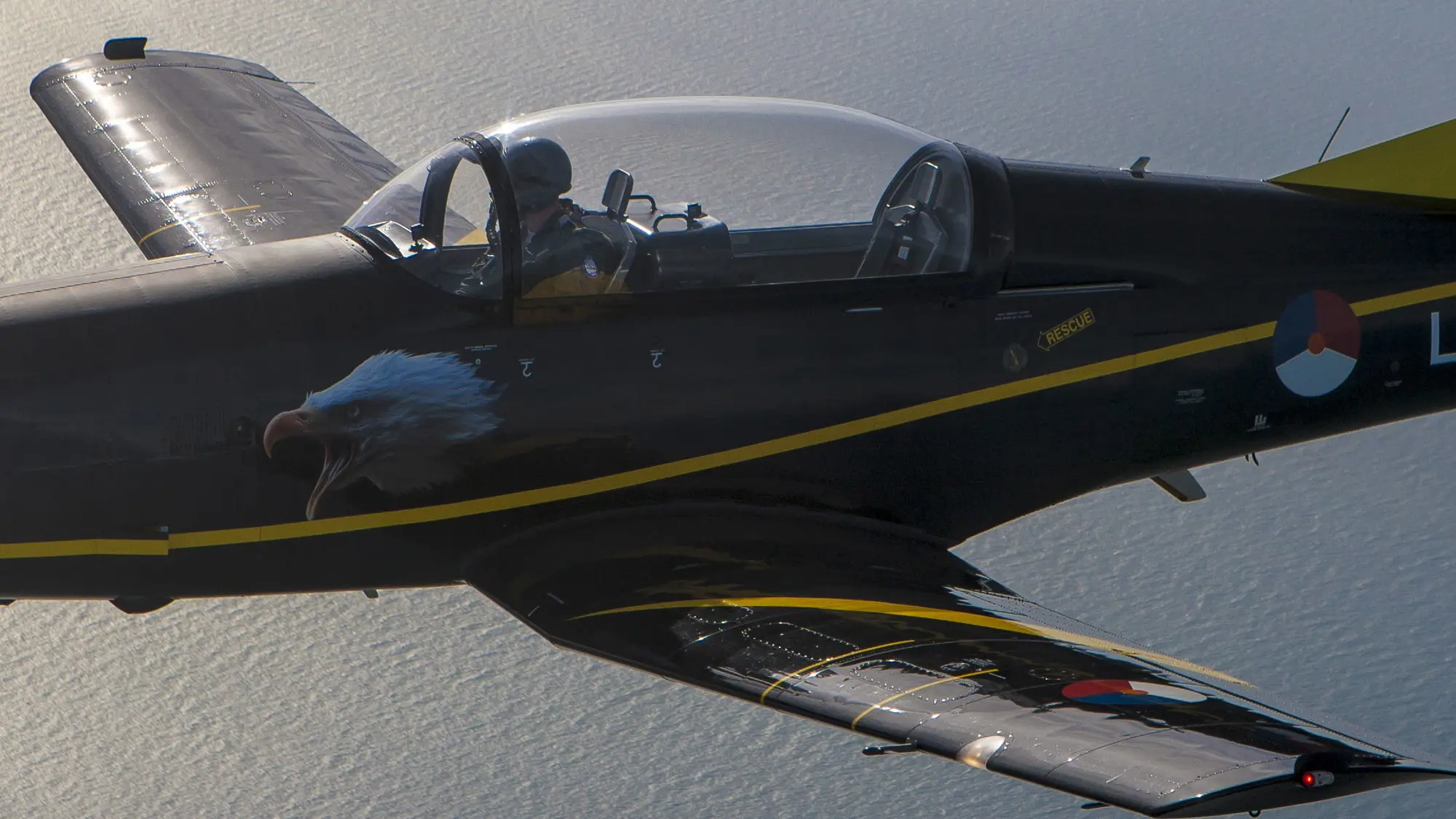 Lesvliegtuig van de luchtmacht vliegt boven water.