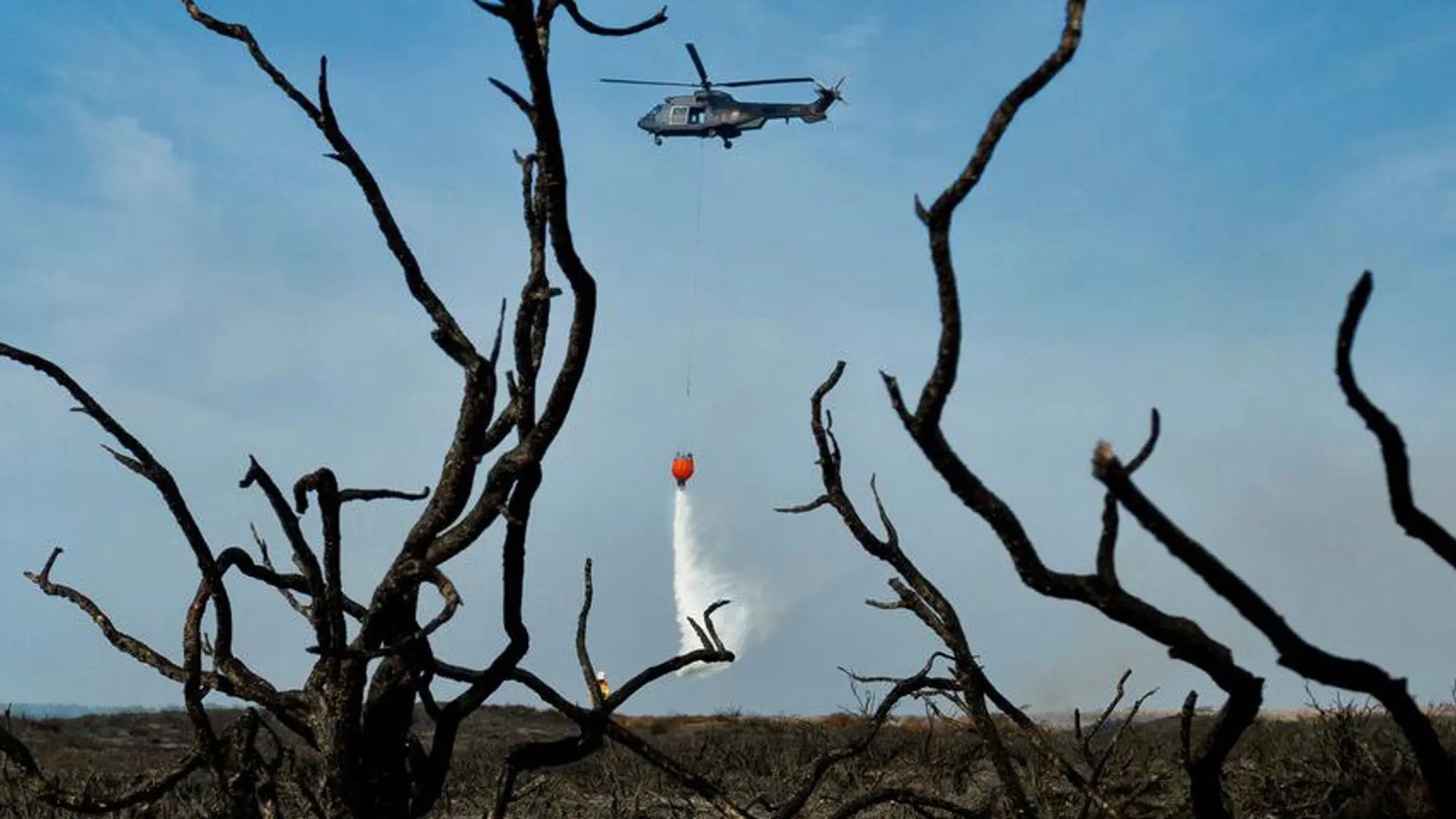 Verbrande takken op de voorgrond terwijl op de achtergrond een helikopter een Bambi bucket leegt. Rechts in beeld staat een brandweervoertuig.