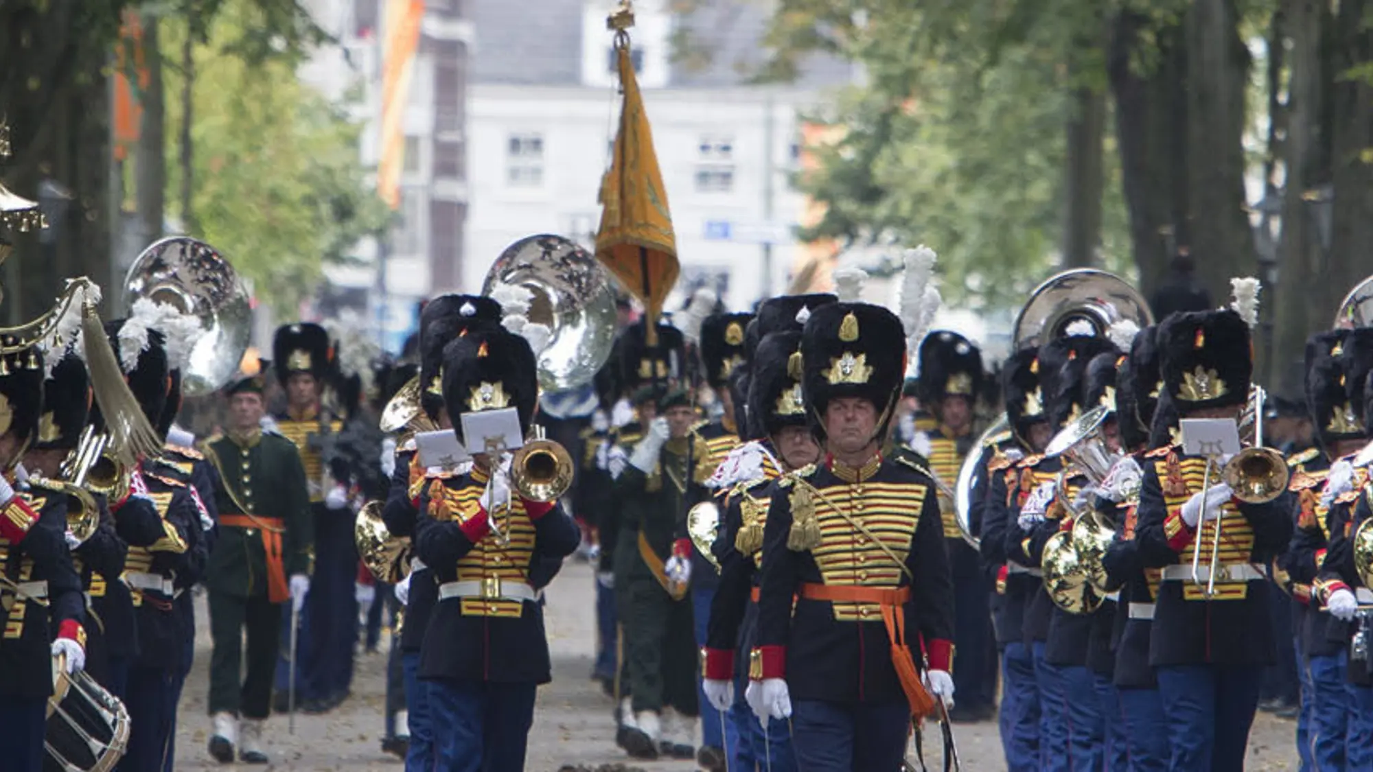 Koninklijke Militaire Kapel speelt en loopt door Den Haag.