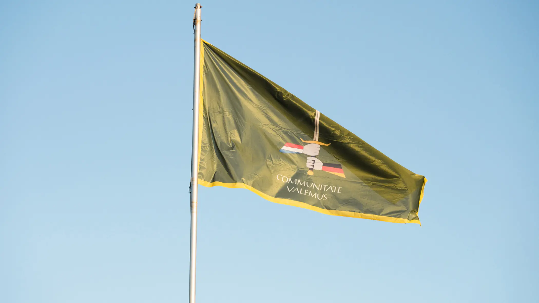 Wapperende, groene vlag met daarop het embleem van 1GNC. Groen wapenschild met daarop een zwaard dat wordt vastgehouden door een 'Duitse' en een 'Nederlandse' hand. De spreuk ‘Communitate valemus’ betekent ‘samen zijn we sterk’. 