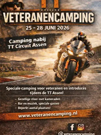 Flyer van de TT Veteranen Camping, met informatie en het vooraanzicht van een motorracer.