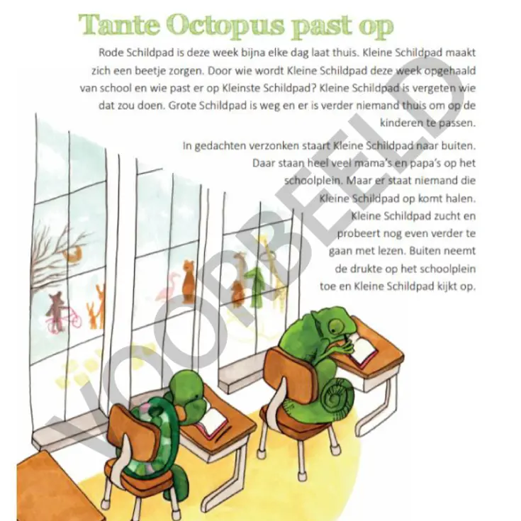 Pagina kinderboekje Thuisfront 'Tante Octopus past op', met schuin erover de tekst Voorbeeld.