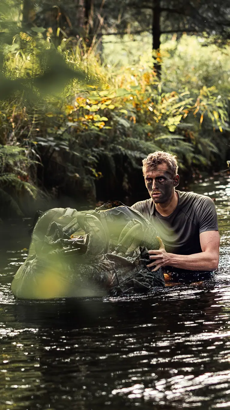 een reservist in het water met een drijfpakket.
