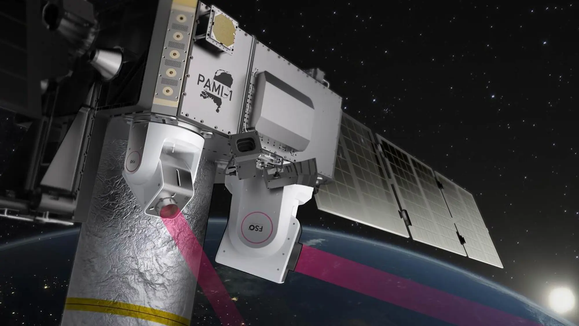 Illustratie van satelliet met zonnepanelen en 2 laserstralen die in de ruimte boven de aarde zweeft.