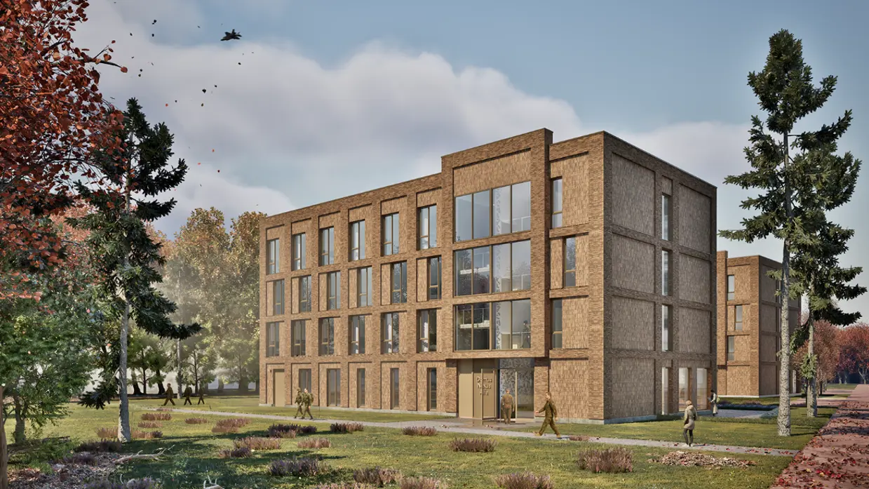 Impressie van een gebouw met drie verdiepingen, met wandelaars op de voorgrond en een F-35 links in de lucht.