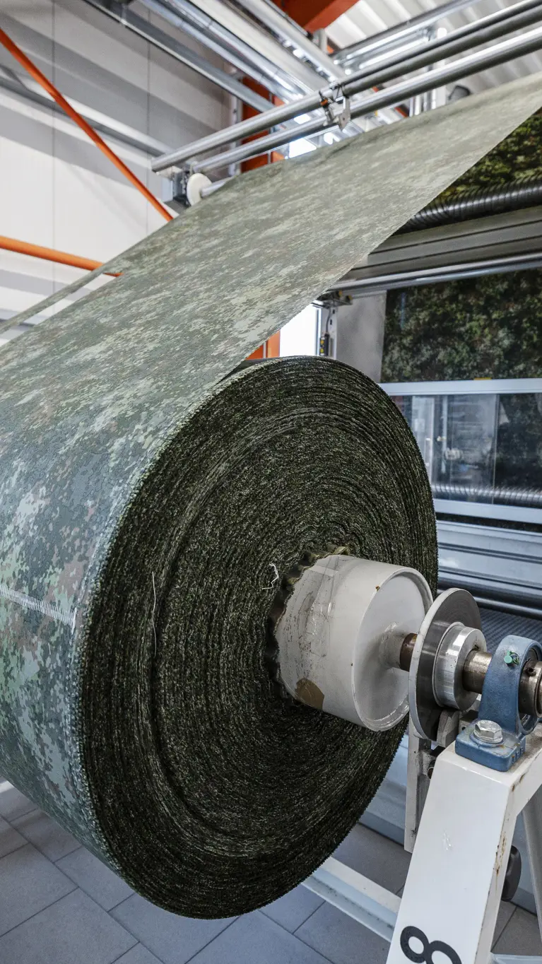 Rol militaire stof op een machine