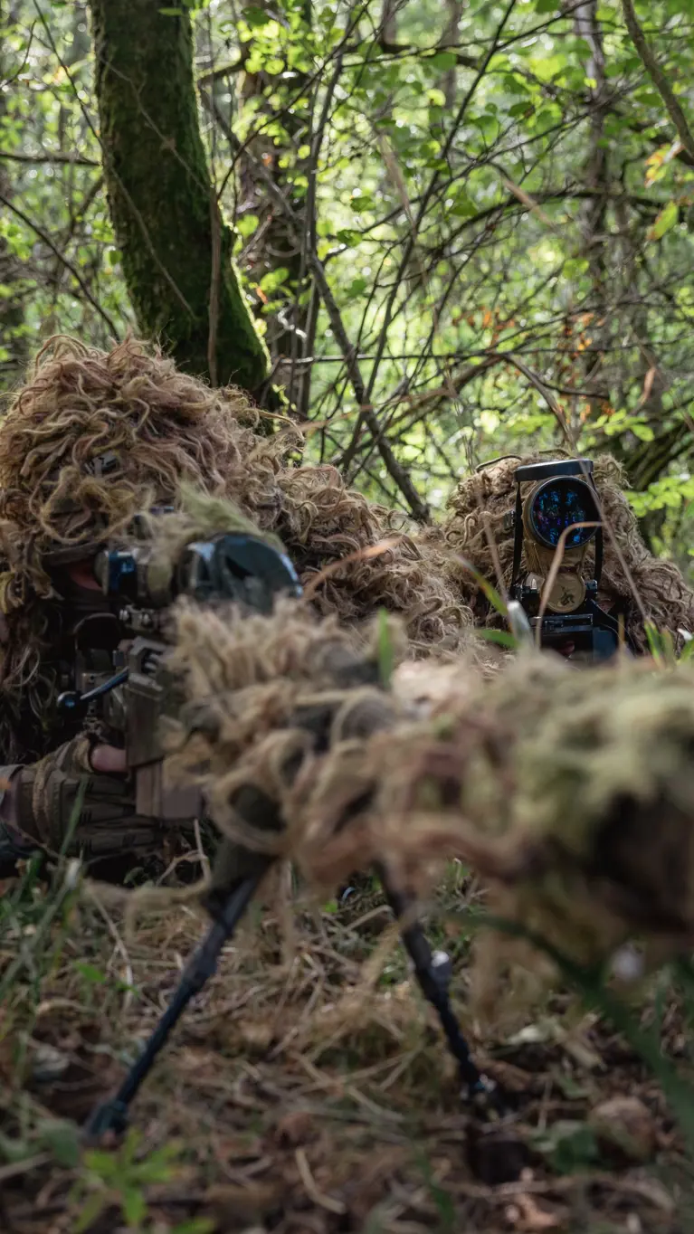 een sniper en een spotter verscholen onder gebladerte&nbsp;