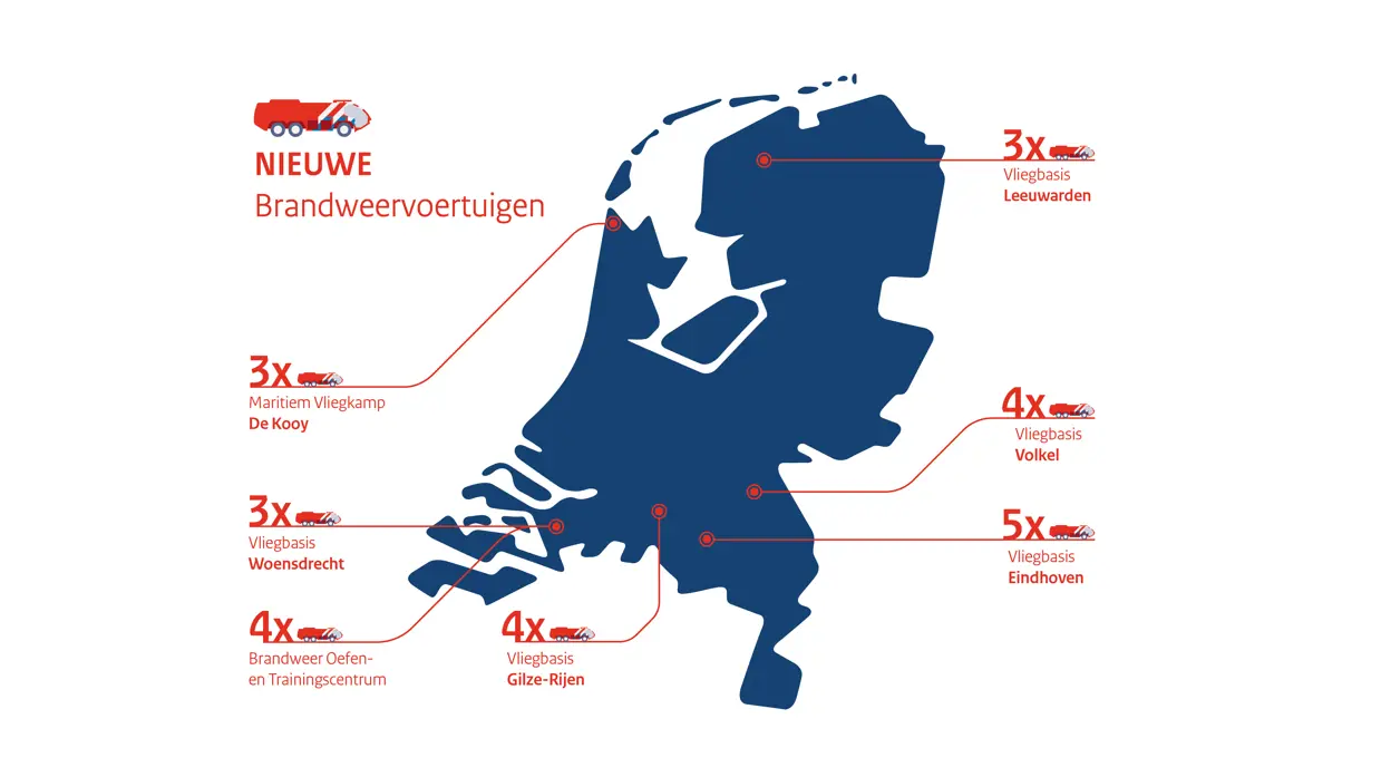  Een landkaart van Nederland met daarop per defensielocatie aangegeven hoeveel nieuwe brandweervoertuigen er naartoe gaan. Dit gaat telkens gepaard met een icoon van zo’n voertuig.