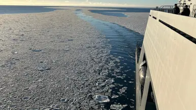 Afbeeldingen van het pannenkoekijs waar het schip doorheen vaart. Dit zijn kleine ijscirkels die in de zee liggen. Ook een foto van het schip dat in Botnische Golf dobbert.