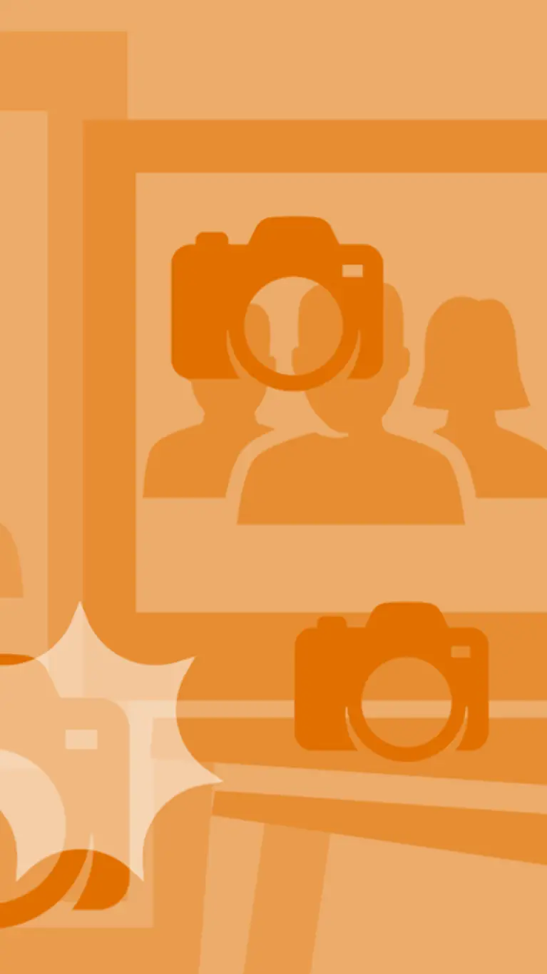 Gestyleerde afbeelding van flitsende camera's in oranje.